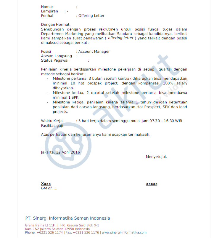 contoh offering letter untuk karyawan baru bahasa indonesia